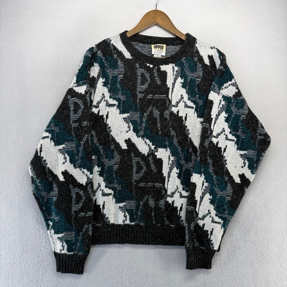 Vintage Grandpa Sweater Men's Medium Blue Black Knit Geometric Hip Hop USA 90s
